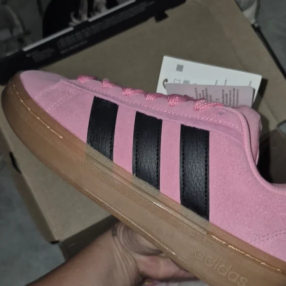 adidas Pink Athletic Shoes with Black Stripes adidas | Shoes | Adidas Womens Pink And Black Striped  main image 2